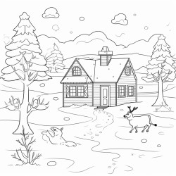 winter scene include a snowman a deer a house and snow falling from the sky do not make it too cluttered