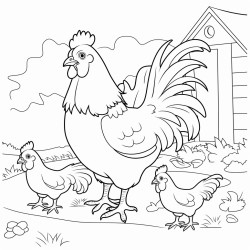 a family of chickens pecking at the ground