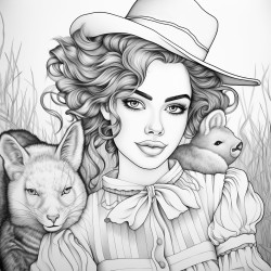 a beautiful country woman with check shirt and a hairbun leaning against a scarecrow