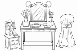 a chic vanity with an elegant mirror surrounded by makeup brushes foundations eyeshadow palettes and lipstick tubes