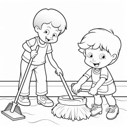a 3 year old boy and his mom both are having brooms in their hand and are cleaning the floor