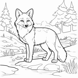 coloring page fox standing near a stream with trees in the background no shading high details thick lines