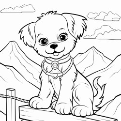 plush puppy sits on a railing in front of a mountain