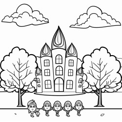 a family race acorn trees and large building in the background