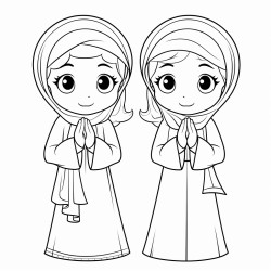 two little cartoon muslim girls wearing jilbab praying salah standing with hands raised up by ears