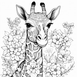 a giraffe in the forest with flowers