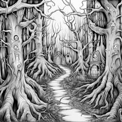 a haunted trail with with tall trees