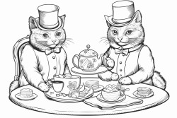 female victorian cats having tea and cakes