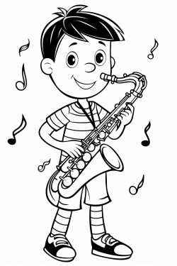a teenage bari sax player wearing shorts and a swim team shirt he is surrounded by music notes reverberating off of him