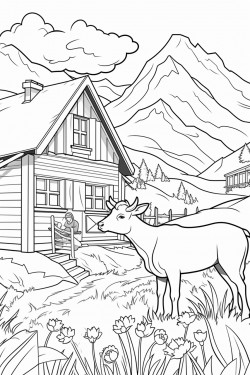 switzerland landscape with a quaint stone house surrounded by flowers and a wild goats graze in lavender fields
