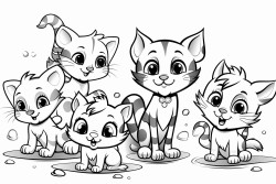 create a collection of playful cartoon cats depicted in various dynamic poses include additional elements such as paw prints fish bones and bows scattered around the cats