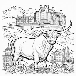 scotland include edinburgh castle a bagpiper  a scotch whisky bottle  a highland cow  the flag of scotland