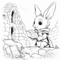 elf with book looks quizzical stone wall rabbit