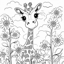 giraffe in a garden with flowers
