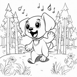 dog dancing with music notes in forest