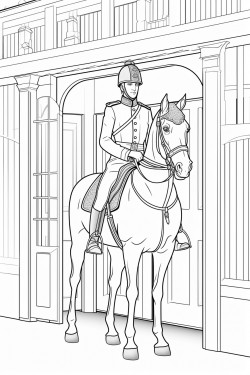 united kingdom kings guard in sentry box wearing his uniform on a horse