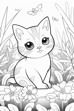 a small cat between flowers and leaves in a huge garden