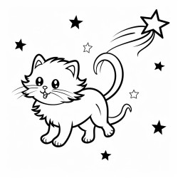a fluffy cat with a cometshaped tail chasing a shooting star