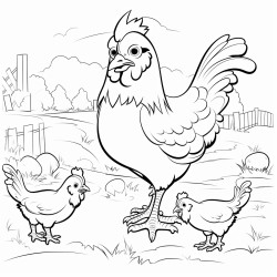 a family of chickens pecking at the ground