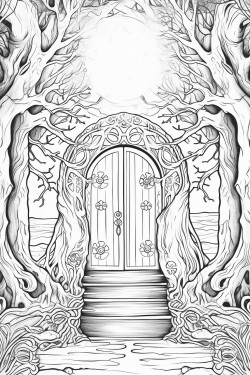 a magical doorway surrounded by swirling mist and ancient runes