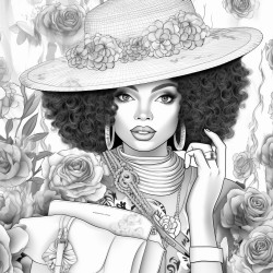 african american woman in fall clothes with pocketbook hat jewelry and makeup with floral background coloring page