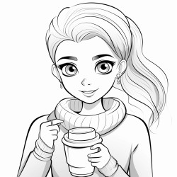 beautifull girl with hairbun and cozy shirt a coz coffee latte