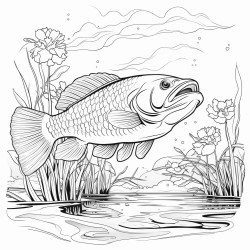 largemouth bass jumping from the water with lilly pads on the water and forest in the background