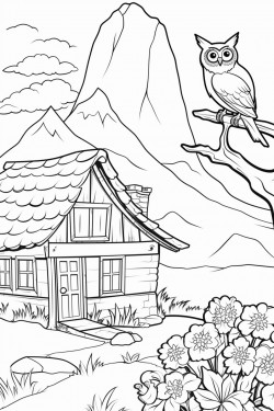a owl on a tree branch in background switzerland landscape with a quaint stone house surrounded by flowers