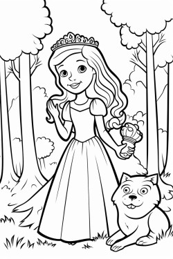 una princesa con una rana en la mano en un bosque