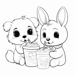 cute bunny and cute dog drinking from cup with straw