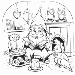 happy wizard in a room playing with cat and owl
