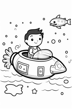 a man riding a submarine through space looking at stars and sea cratures floating through space