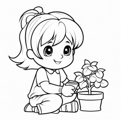 small girl with 2 ponytails working on a potted tomato plant