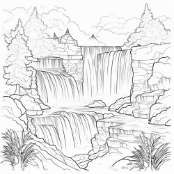 coloring book page natural landscape waterfall