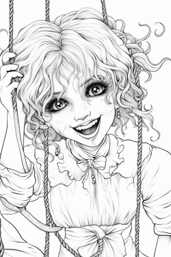 a creepy doll handing with a rope and laughing