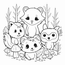 a blackandwhite coloring book page with cute cartoon woodland animals warm and hyggeinspired with simple bold lines