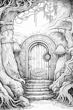a magical doorway surrounded by swirling mist and ancient runes