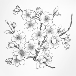 create a blackandwhite coloring page of cherry blossom branches in full bloom use bold clean outlines for the branches and flowers with some blossoms fully open and others just blooming add a few falling petals for detail keep the design simple and uncluttered with large areas