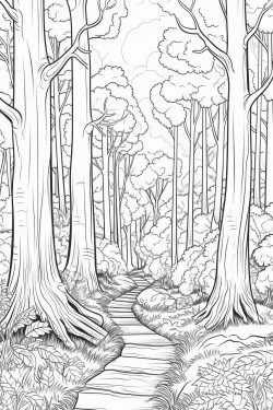 forest scene with tall trees and a winding path