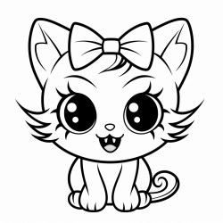 a spooky cat with glowing red eyes and a mischievous grin wearing a cute bow