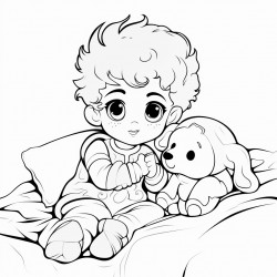 little boy cuddling lamb stuffie in bed