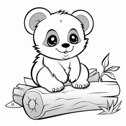 a baby panda on a small log black and white sketch bold outline
