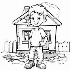 a young boy wearing a torn tshirt and baggy jeans standing outside a small brokendown house