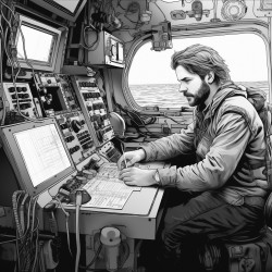 a ships radio operator sending morse code the seas outside are heavy