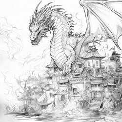 dragon setting a village on fire