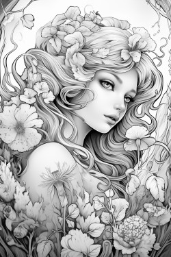 un hada en un bosque encantado sentada encima de un trono de flores