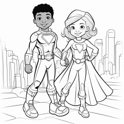 olouring book that has an image of a 6 year old blackbrown skin superhero child one male and one female smiling