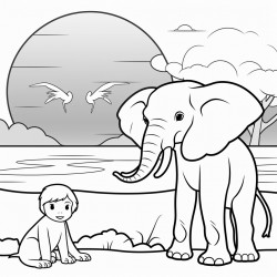 elephant and monkey watching the sunset