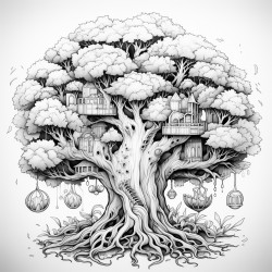 create a magical tree with mandla pattern on it and zentangle nature art with thick lines