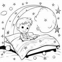 boy lying in a bed in a space ship looking out the ceiling at the stars